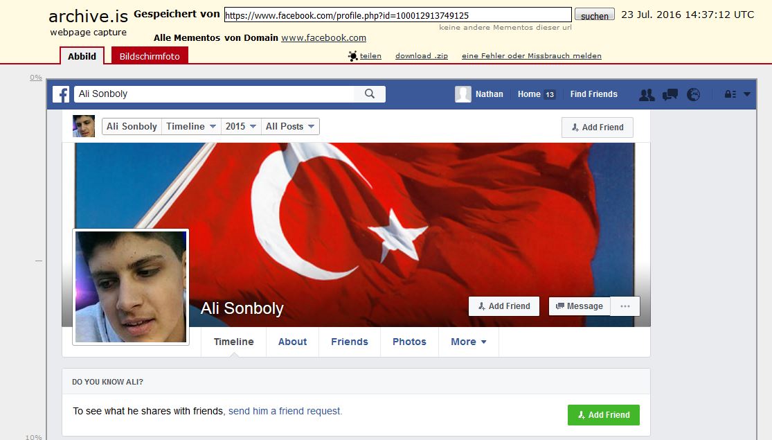 Startseite des Facebook Profils des Münchner Attentäters Ali Sonboly   