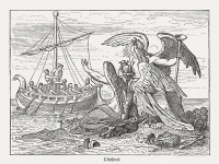 Ulysses (Odysseus) and the Sirens. Scene from the Greek Mythology. Wood engraving, published in 1880.